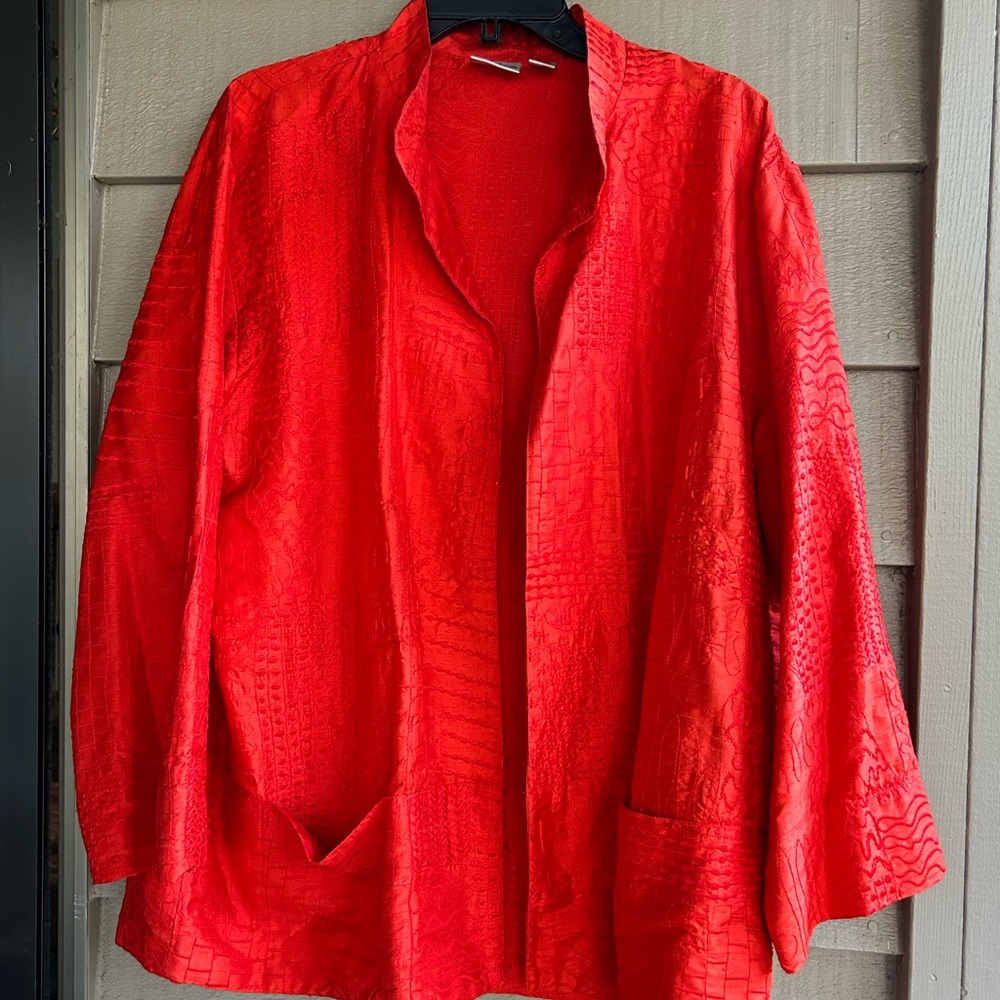 Chico RED silk blazer brochad texture Sz plus 3